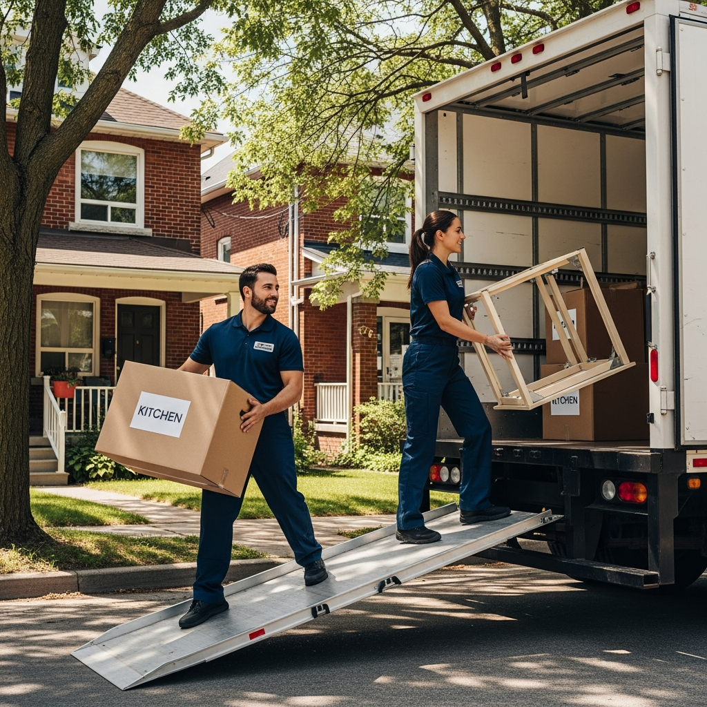 Two professional Ottawa movers efficiently loading boxes and furniture into a moving truck on a sunny residential street