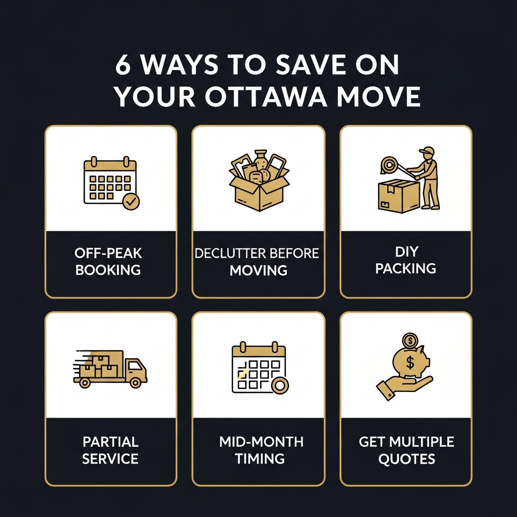 Infographic showing 6 ways to save money on your Ottawa move including off-peak booking, decluttering, DIY packing, partial service, mid-month timing, and getting multiple quotes