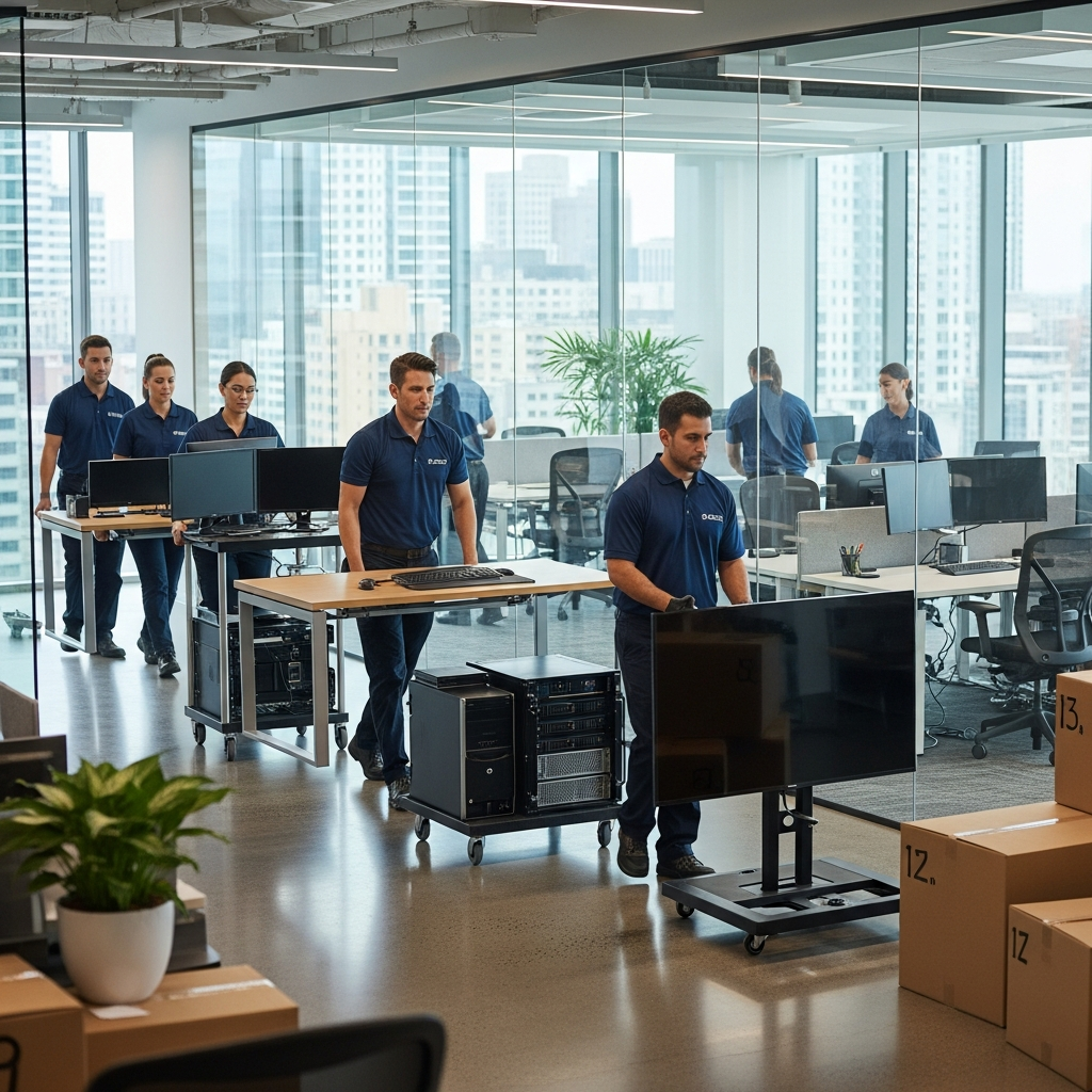 Professional commercial movers relocating office furniture and equipment in a modern Ottawa office space