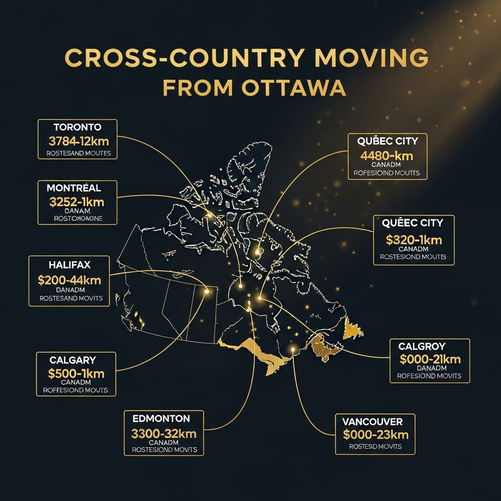 Infographic showing cross-country moving costs from Ottawa to Toronto, Montreal, Halifax, Winnipeg, Calgary, Edmonton, and Vancouver for 2026