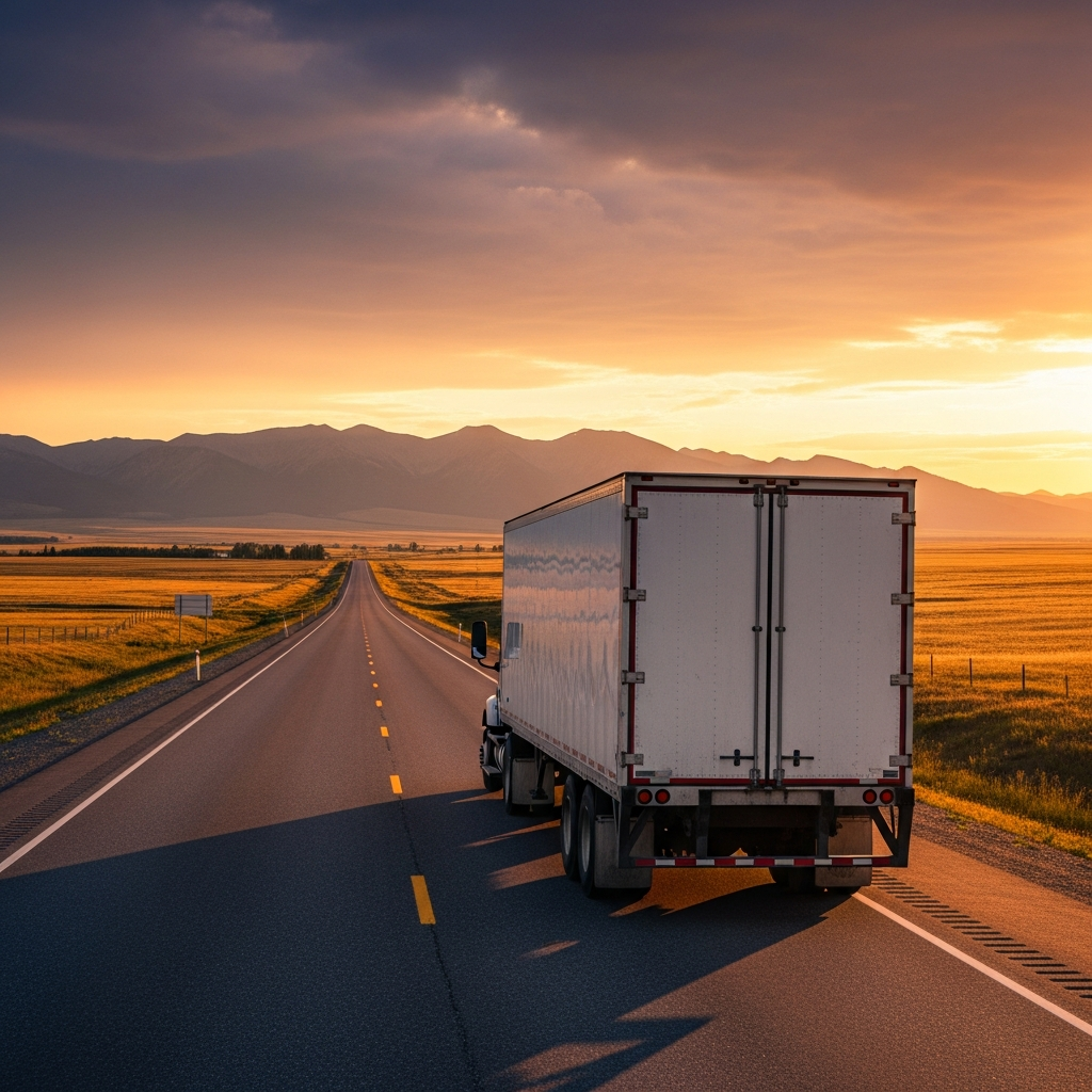 Large professional moving truck driving across vast Canadian prairie landscape with mountains visible in distance for cross-country move from Ottawa