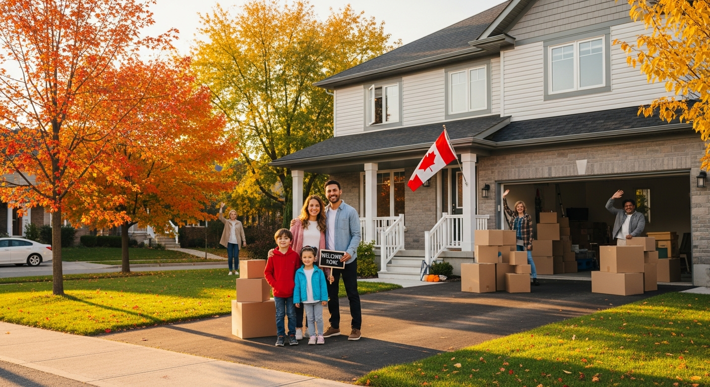 Happy family arriving at their new Ottawa home with moving boxes on a beautiful autumn day