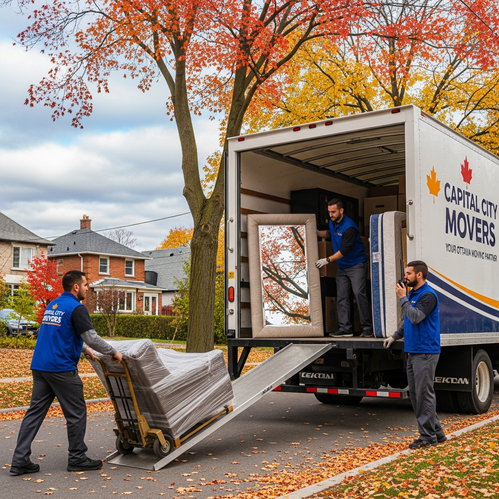 Professional movers loading wrapped furniture into a branded moving truck on an Ottawa residential street