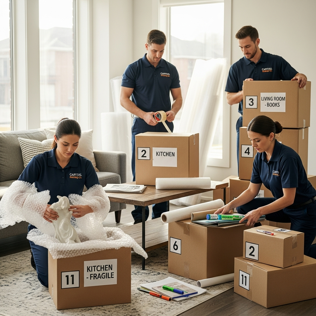 Professional full-service packers and movers carefully wrapping items in an Ottawa home