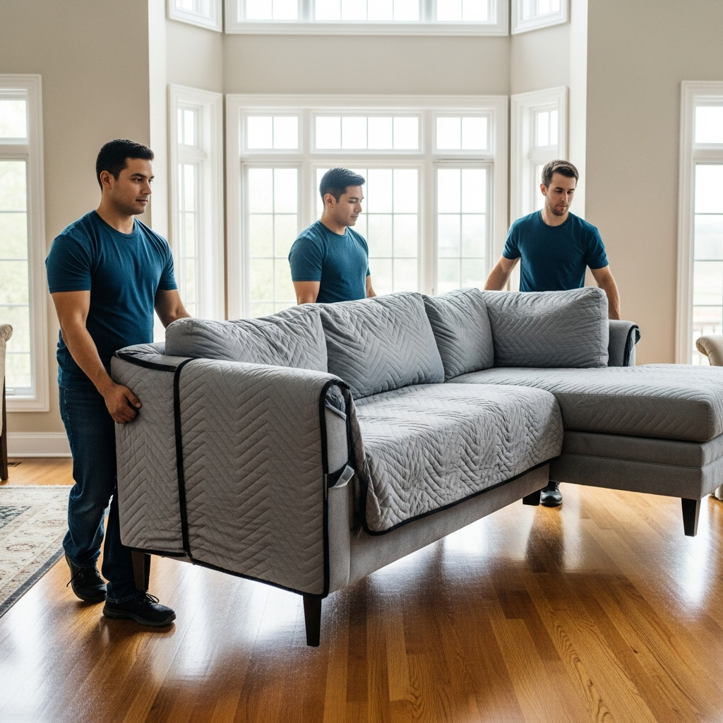 Professional Ottawa furniture movers carefully transporting a large sectional sofa wrapped in quilted moving blankets