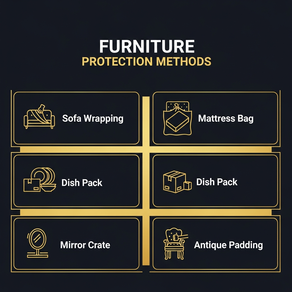 Infographic showing professional furniture protection techniques including blanket wrapping, mattress bags, dish pack boxes, mirror crates, and antique padding