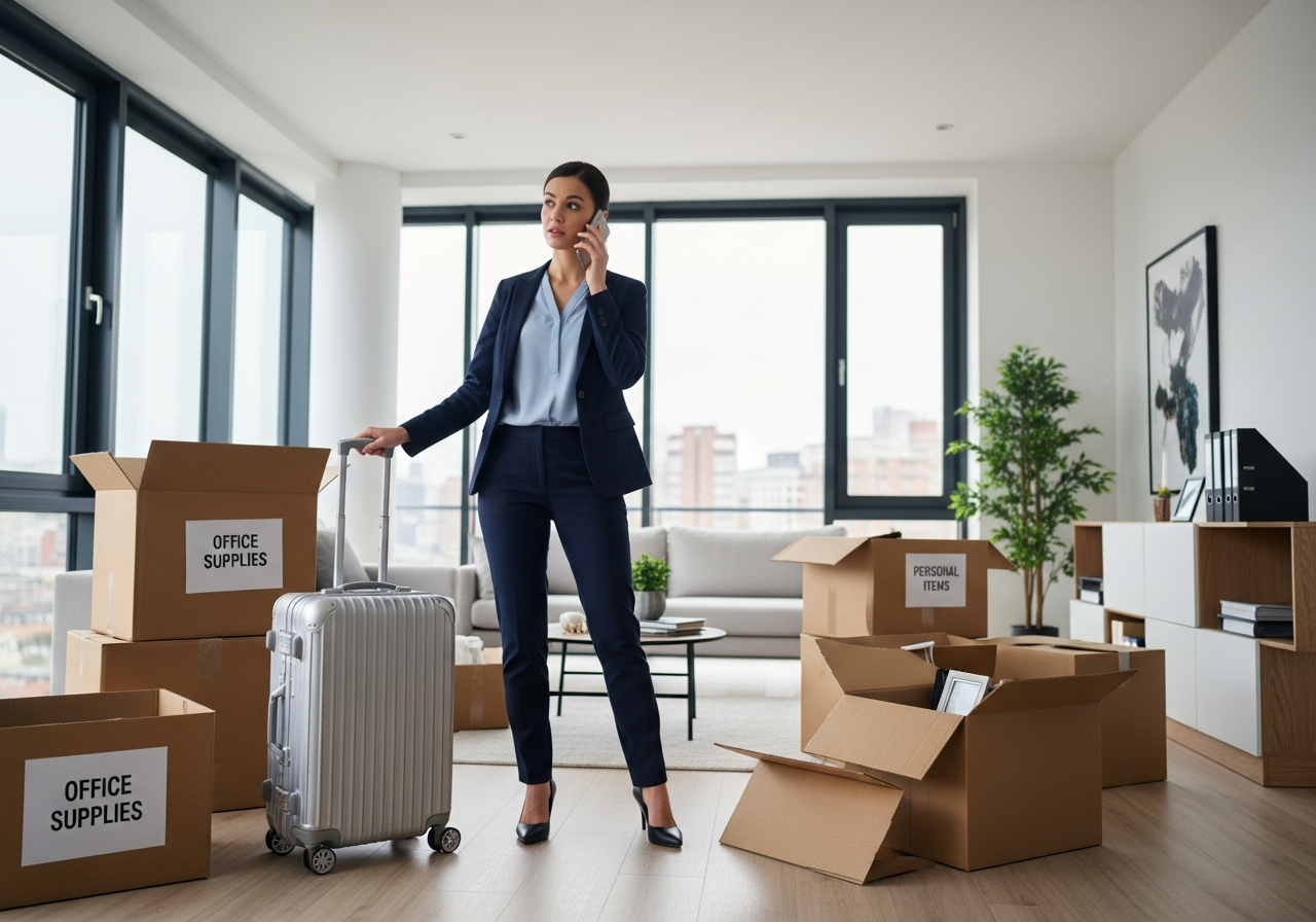 Professional reviewing corporate relocation documents for a cross-Canada job transfer