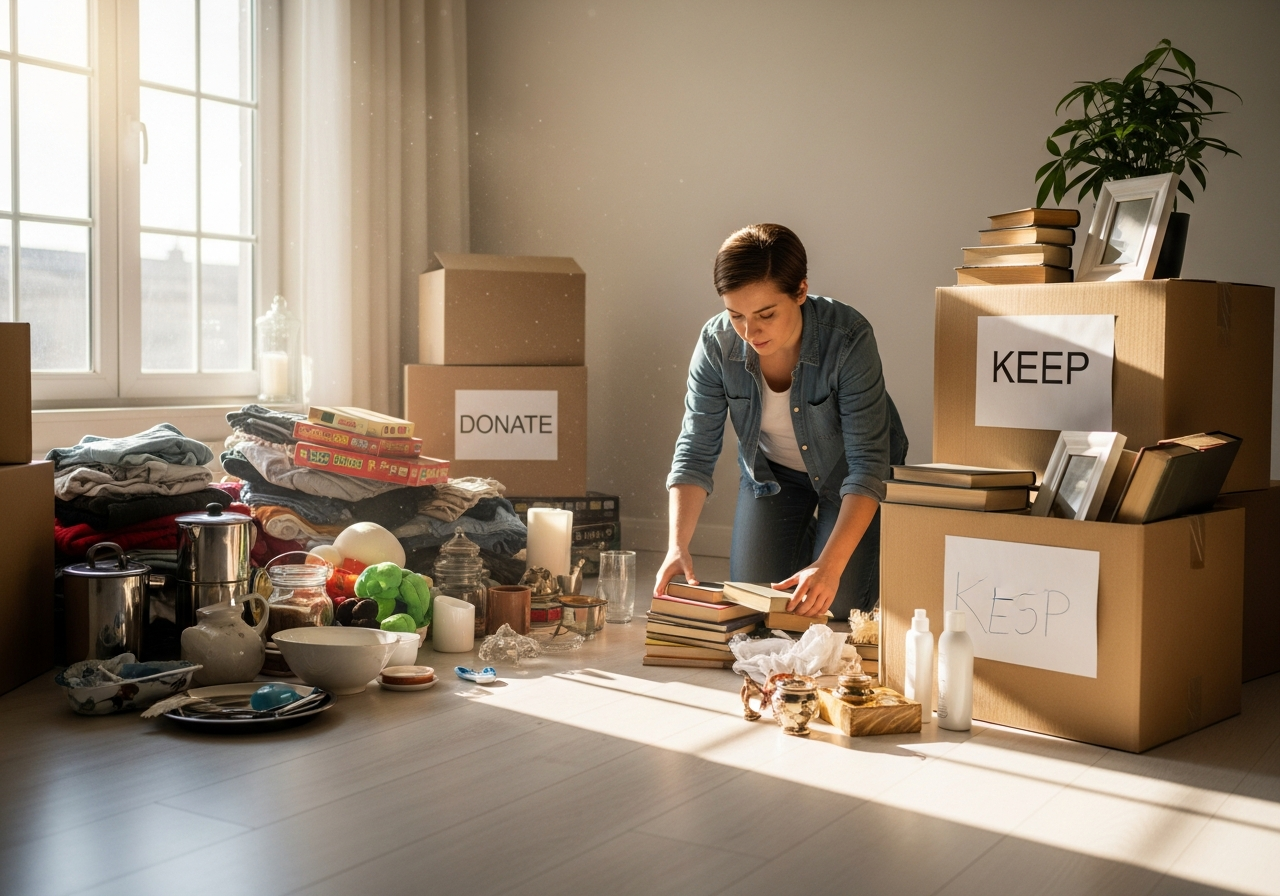 Sorting belongings into keep, sell, and donate piles while downsizing before a long distance move