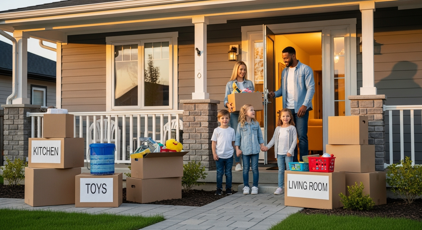 Family arriving and settling into their new home after a cross-Canada move