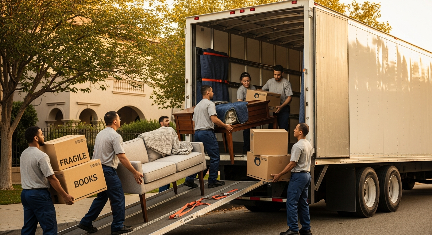 Movers loading a truck with well-packed boxes for a long distance move across Canada