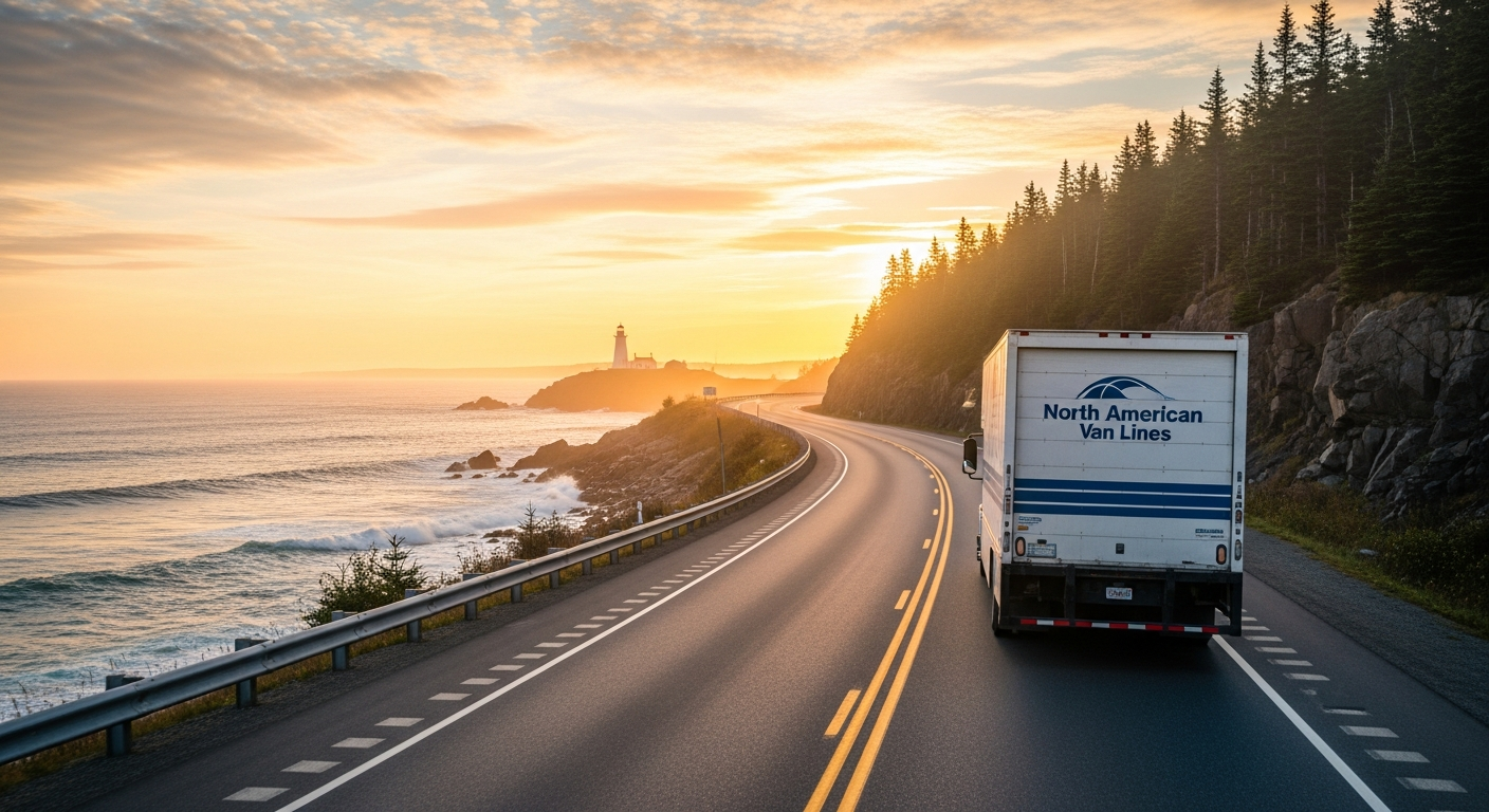 Long distance moving truck departing the Maritimes coast on a Halifax to Toronto route