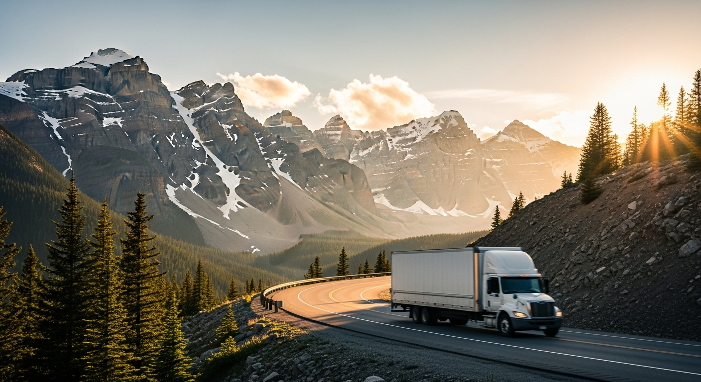 Long distance moving truck crossing snowy mountain pass in British Columbia in winter