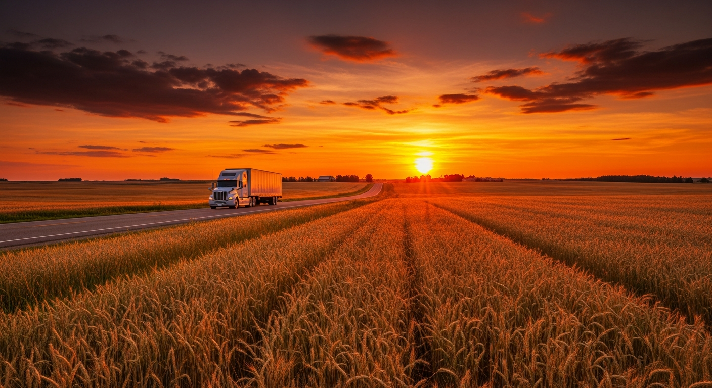 Moving truck crossing the open Canadian Prairies on an east-to-west relocation