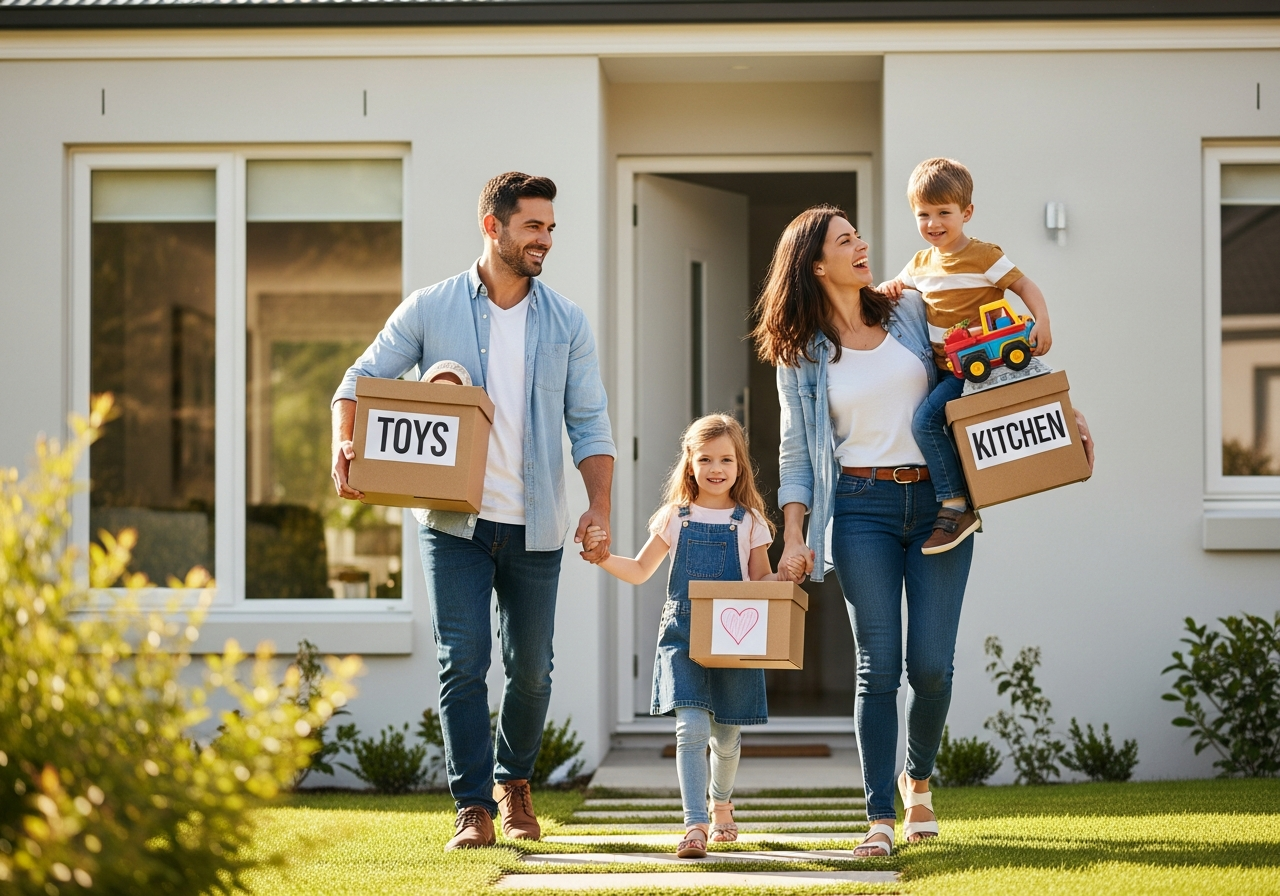 Family with children preparing boxes for a long distance move across Canada