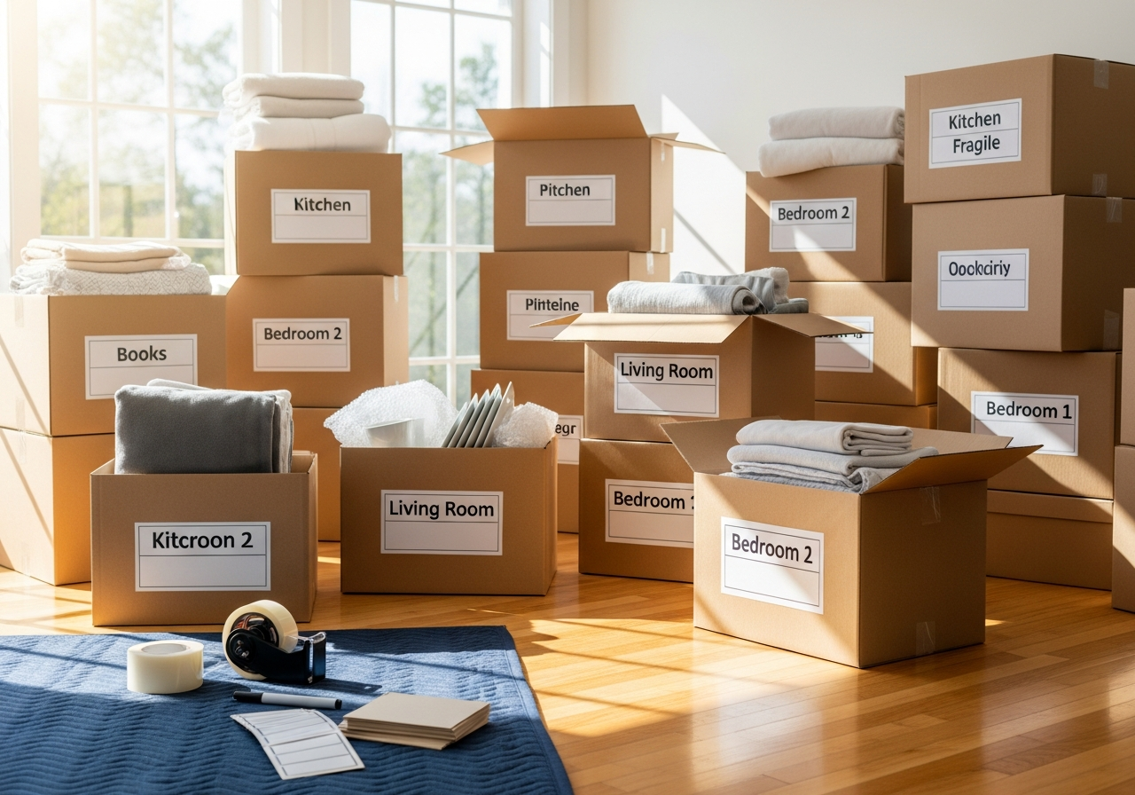 Organized moving boxes and packing supplies ready for a cross-Canada move