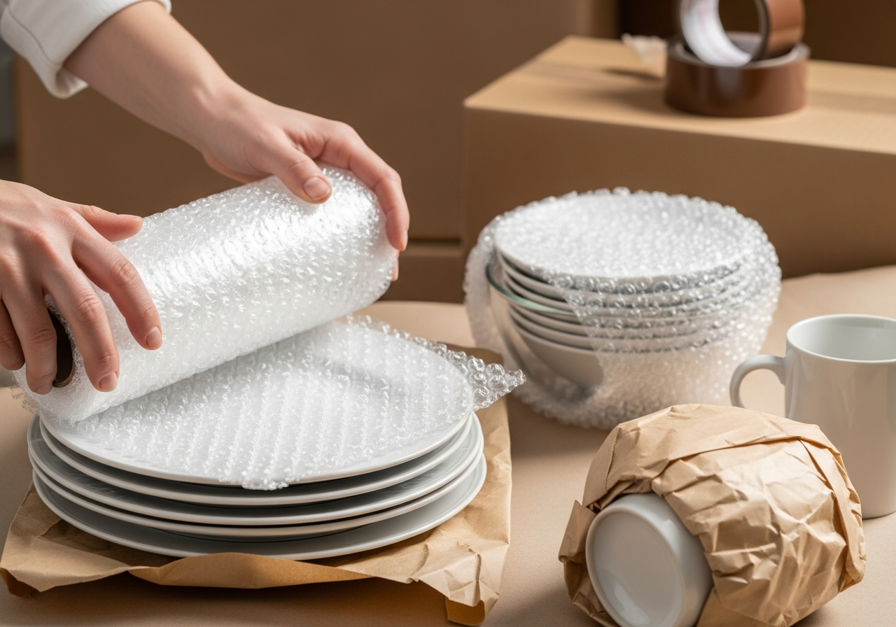 Bubble wrap, packing paper, and tape used to protect fragile items for a long distance move