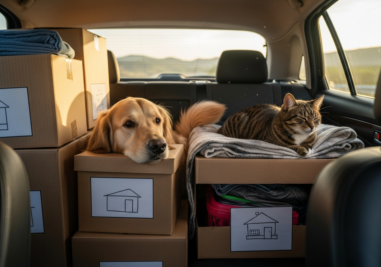 Happy dog looking out the window of a vehicle during a long distance move across Canada