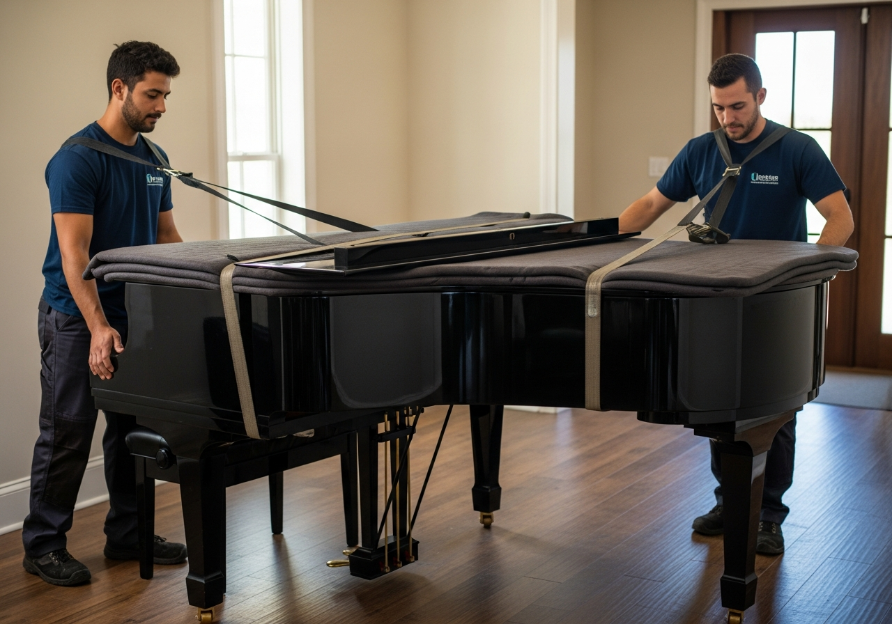 Professional movers carefully moving a piano with a dolly and straps for a cross-Canada move