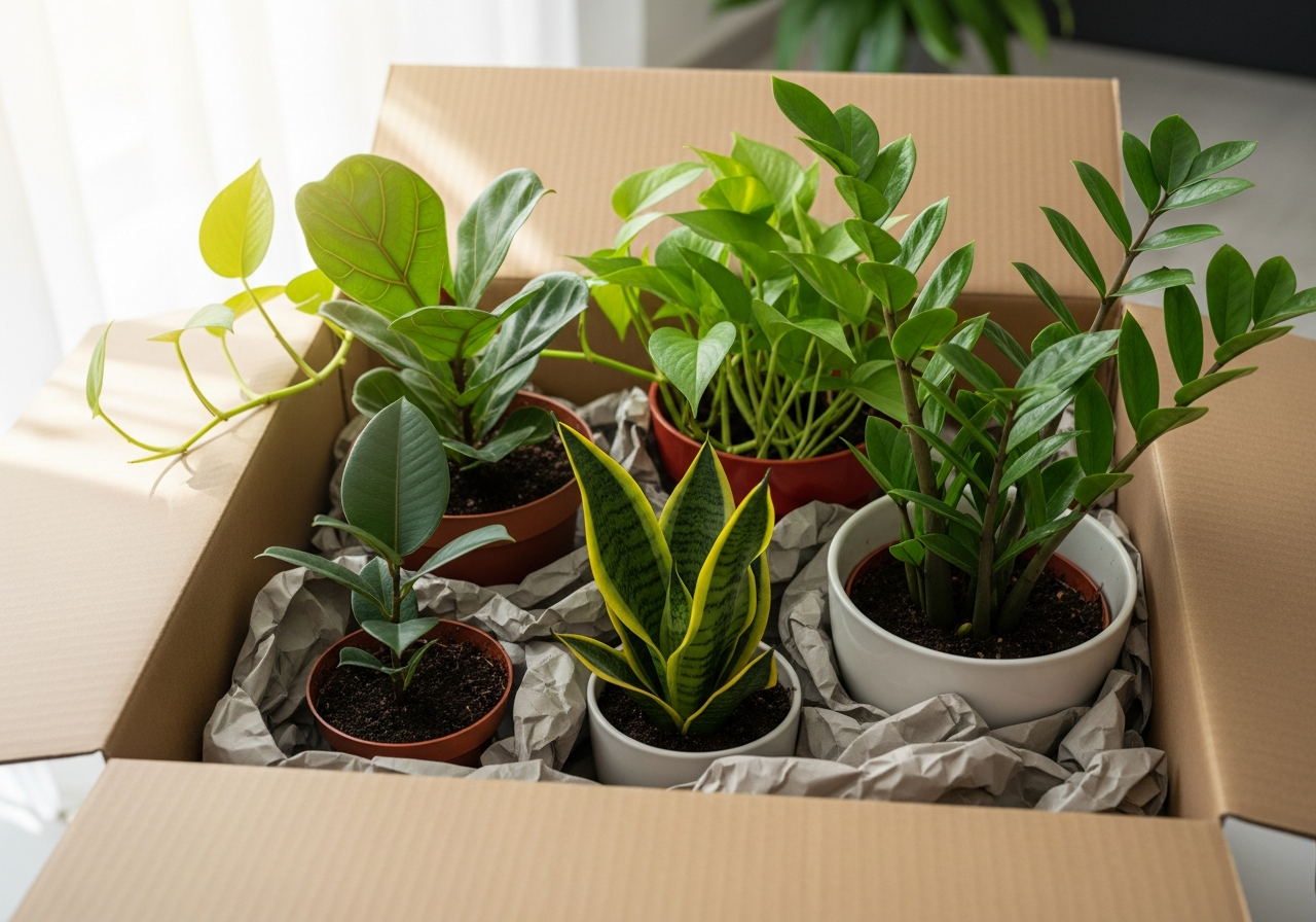 Healthy houseplants prepared and packed for a long distance move across Canada