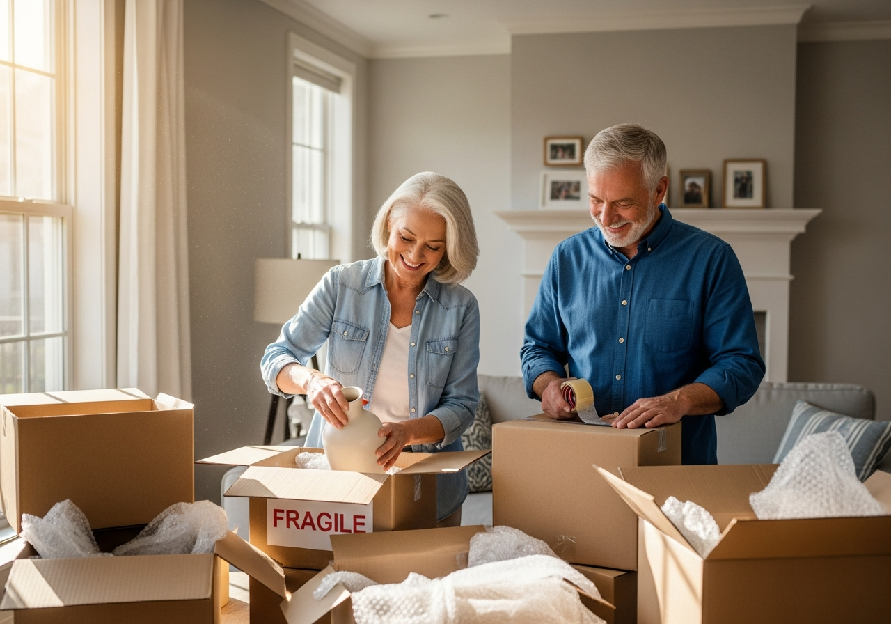 Senior couple reviewing moving plans for a long distance relocation across Canada