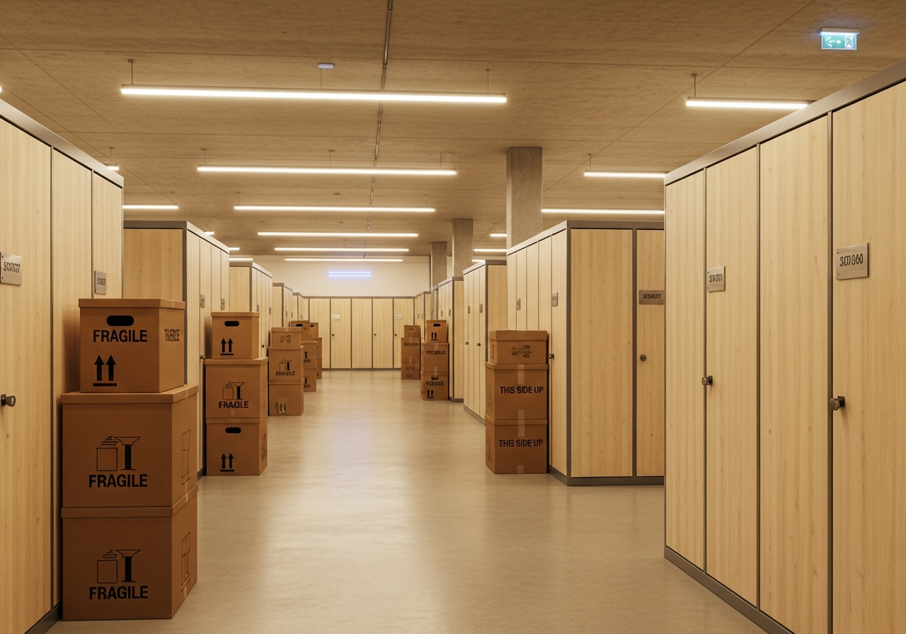 Professional moving company warehouse storage with palletized furniture vaults