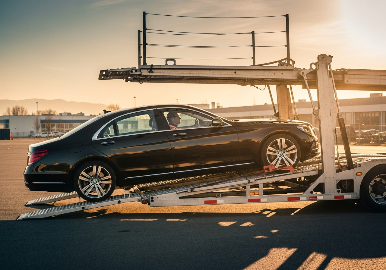 Car being loaded onto an auto transport carrier for shipping across Canada