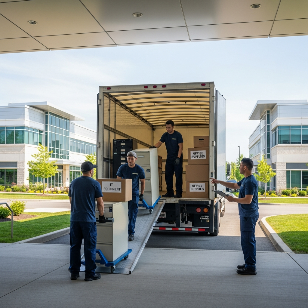 Commercial movers loading IT equipment and office furniture into a moving truck at an Ottawa business park