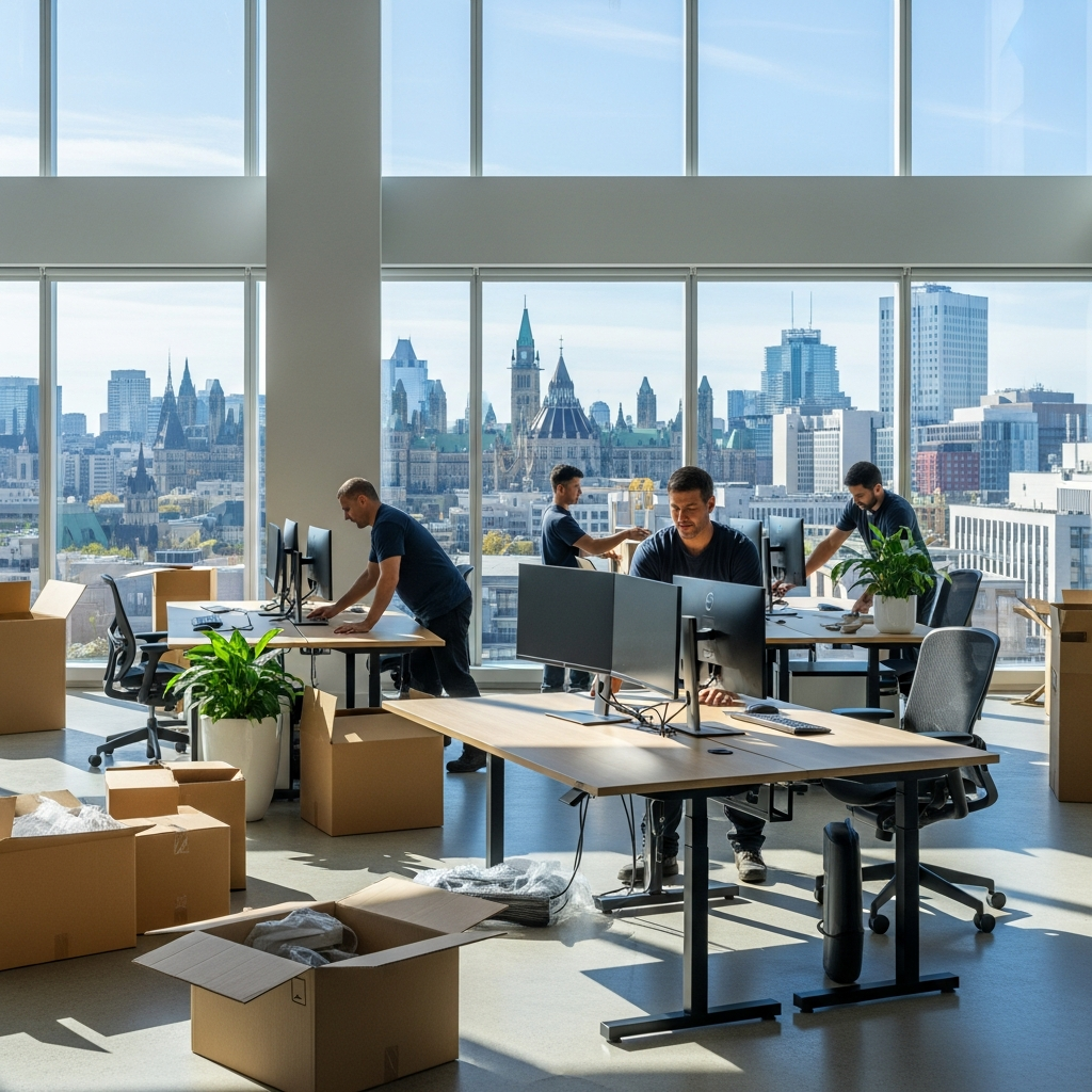 Professional movers setting up a modern office space after relocation with Ottawa skyline visible through windows
