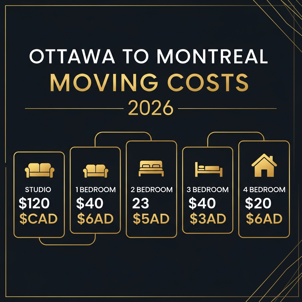 Infographic showing Ottawa to Montreal moving costs by home size for 2026 — studio, 1 bedroom, 2 bedroom, 3 bedroom, and 4 bedroom homes
