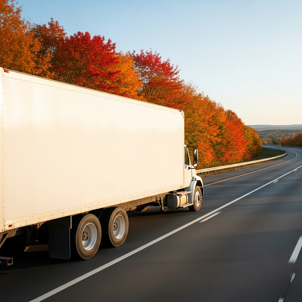 Professional moving truck driving on Highway 417 between Ottawa and Montreal with autumn maple trees lining the route