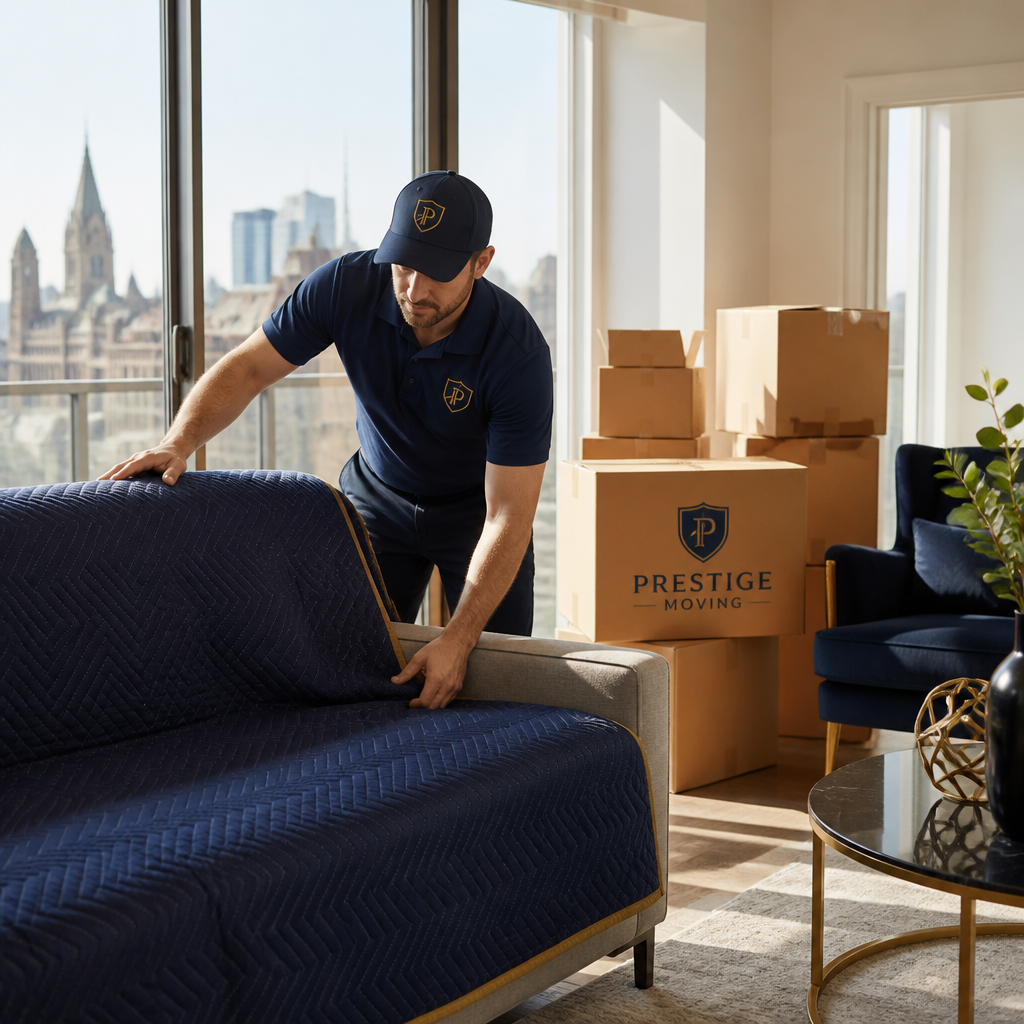 Prestige Moving professional carefully protecting furniture during an Ottawa condo move