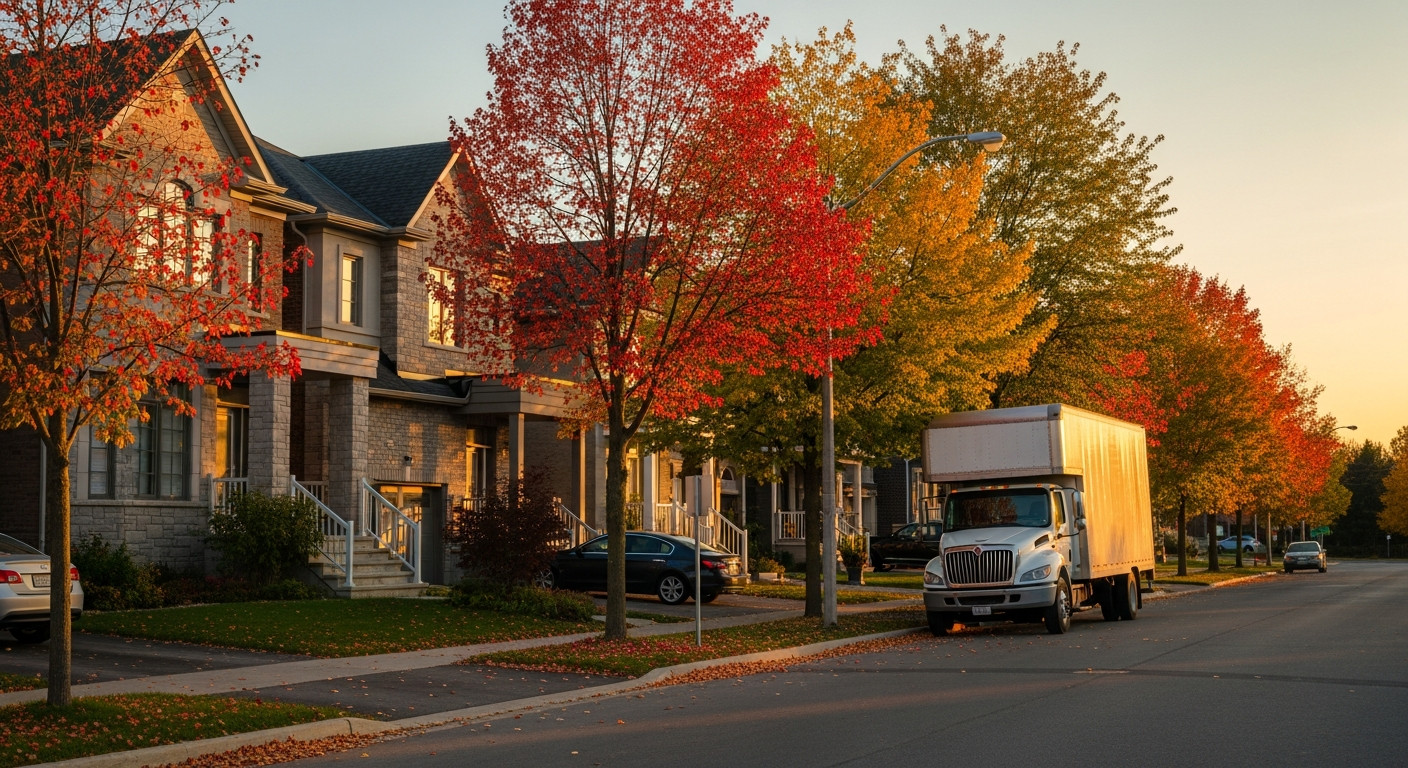 Tree-lined Ottawa neighbourhood during autumn with a moving truck on a residential street
