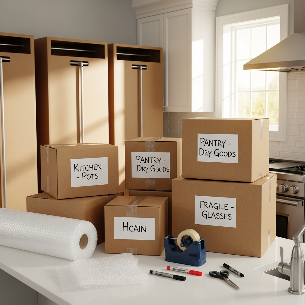 Organized packing supplies and labelled moving boxes in a bright Ottawa kitchen