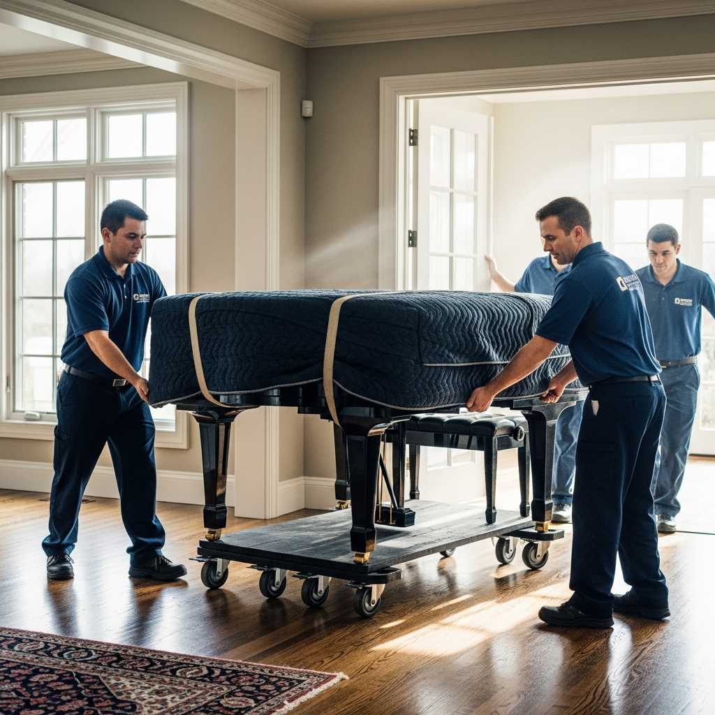 Professional piano movers carefully transporting a glossy black grand piano on a heavy-duty piano dolly in an Ottawa home