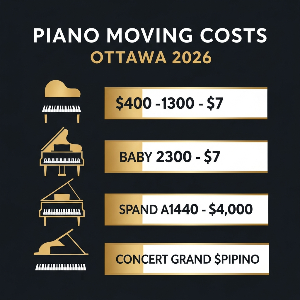 Infographic showing piano moving costs in Ottawa for 2026 broken down by piano type — upright, baby grand, grand, and concert grand