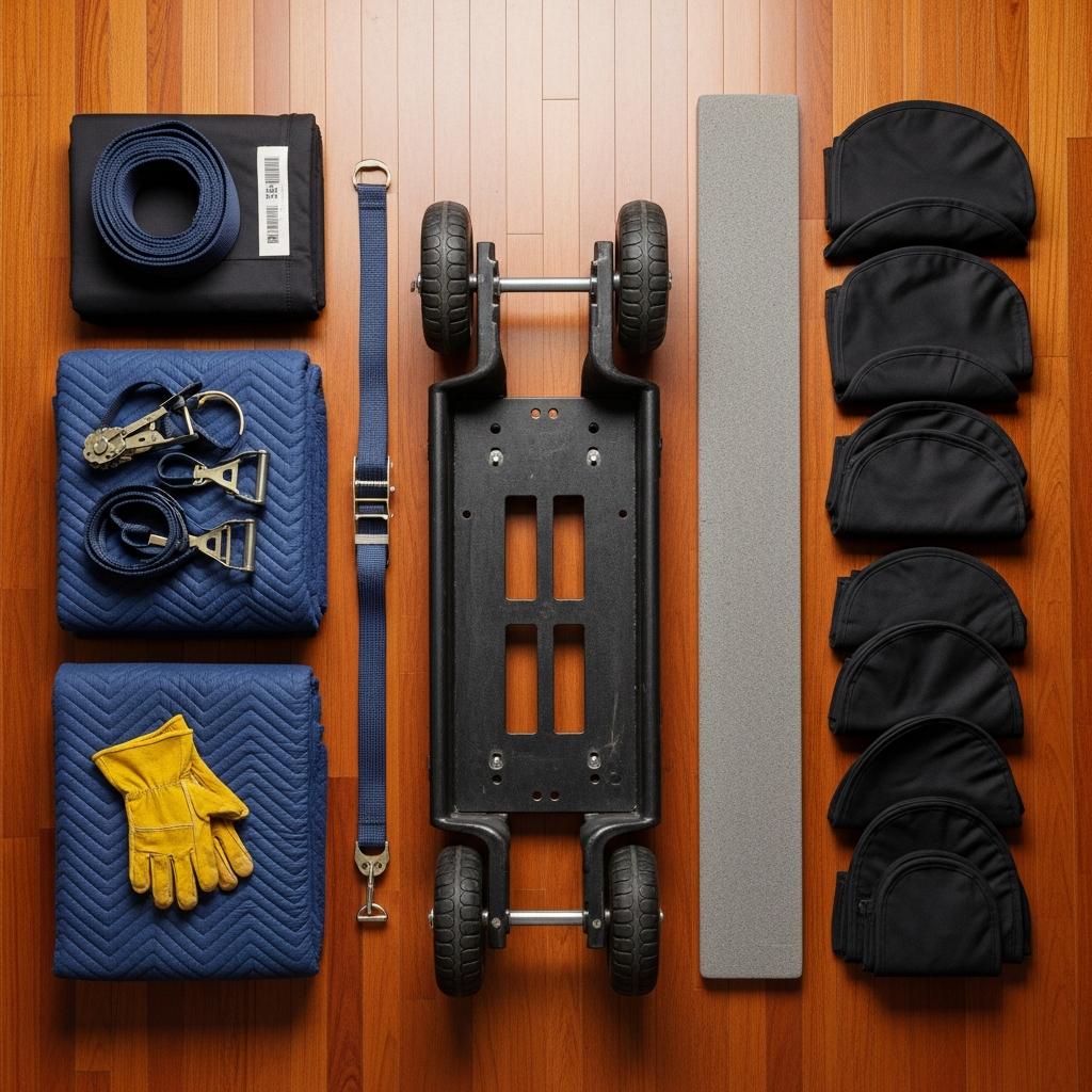 Professional piano moving equipment including a heavy-duty piano dolly, quilted moving blankets, ratchet straps, piano skid board, and work gloves