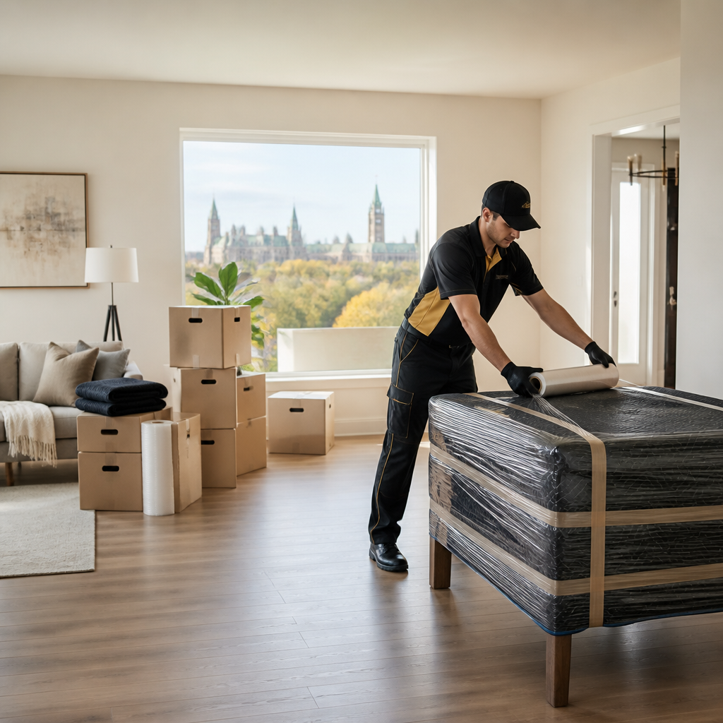 Prestige Moving crew securing furniture during an Ottawa residential move