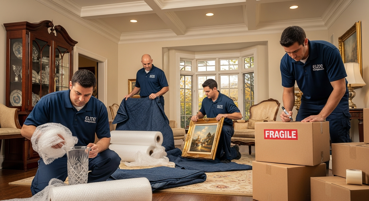 Professional Ottawa movers carefully packing delicate items with premium materials in a residential home