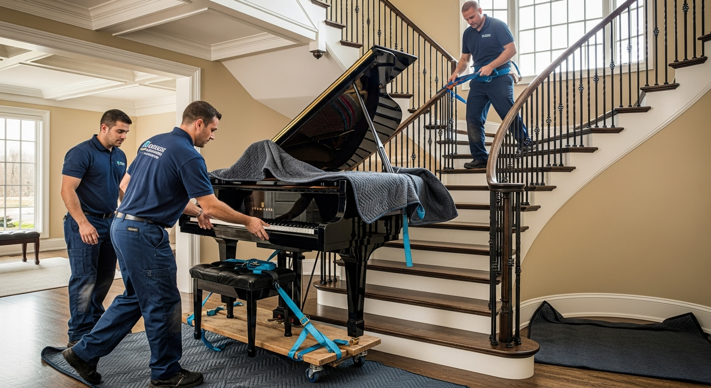 Professional Ottawa movers carefully moving a piano using specialized moving equipment
