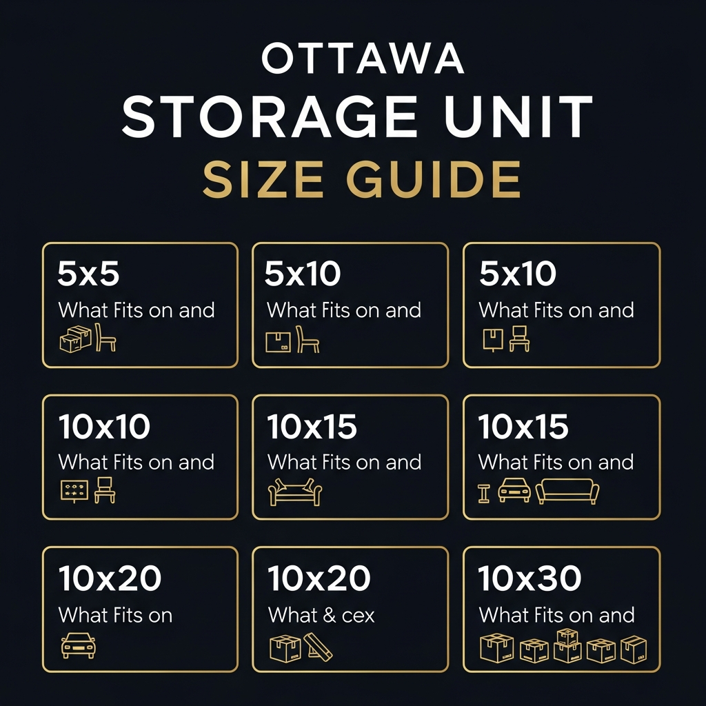 Storage unit size guide infographic for Ottawa climate controlled storage