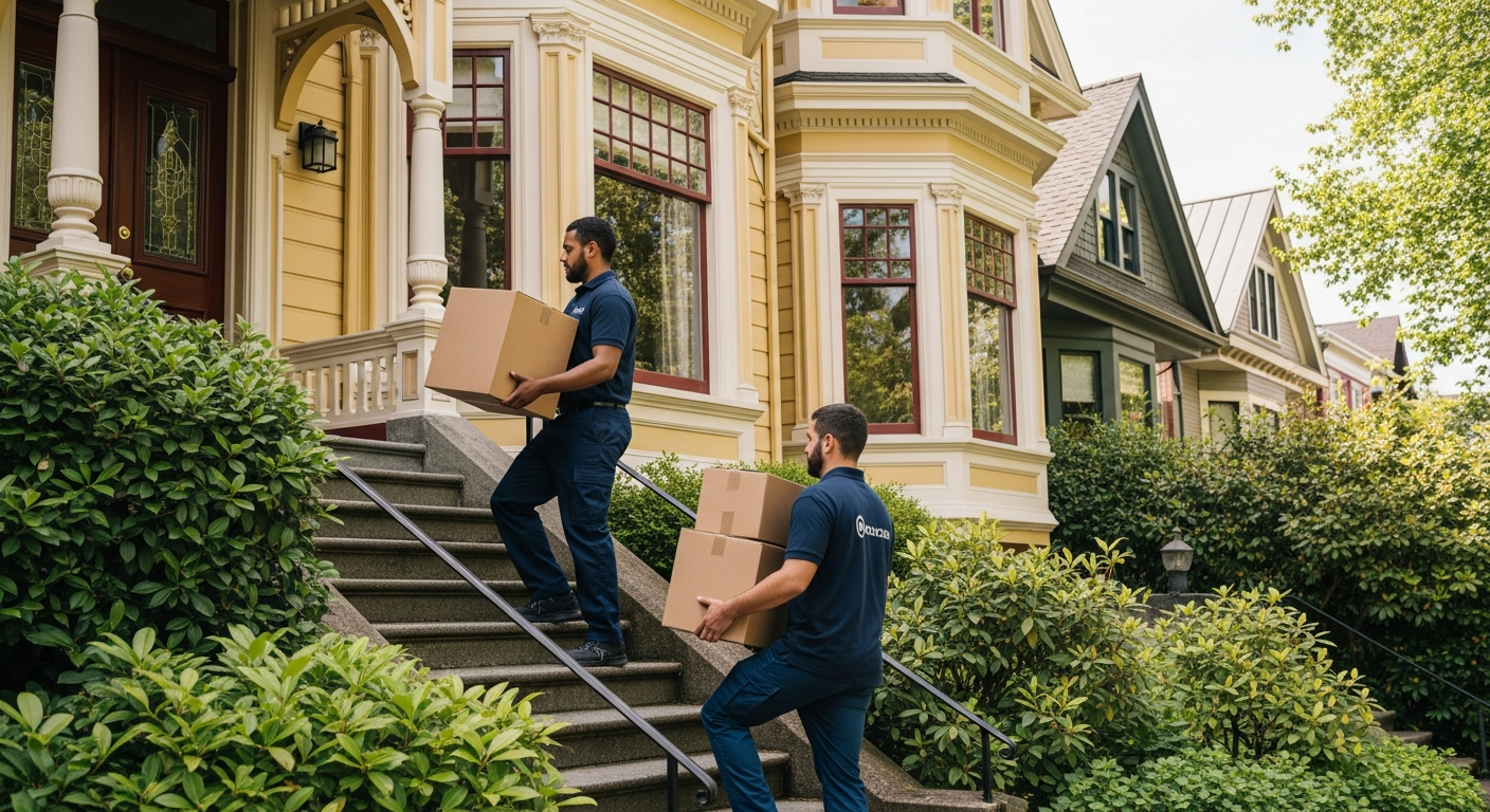 Moving crew carrying boxes up the stairs of a heritage Kitsilano Vancouver home