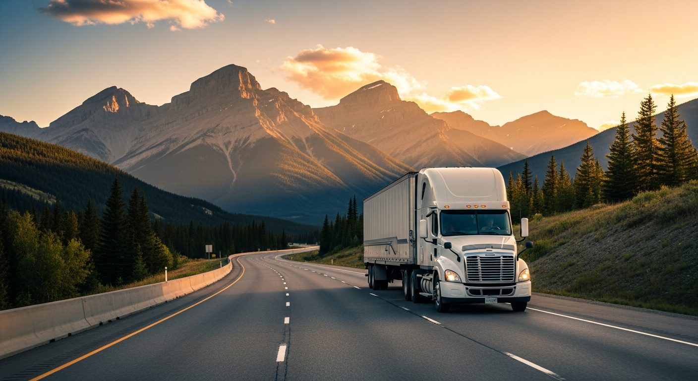 Long distance moving truck travelling the Trans-Canada Highway toward Vancouver with mountains in the background