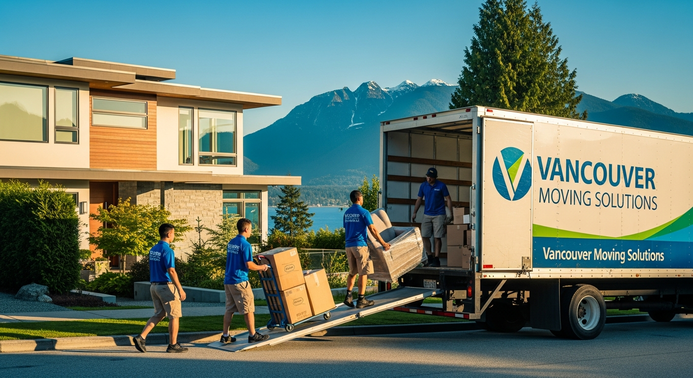 Professional movers loading a Vancouver house with mountains and ocean in the background
