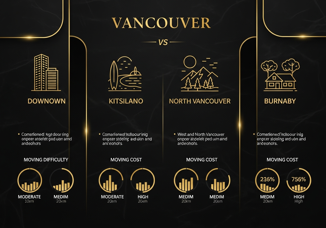 Infographic comparing Vancouver neighbourhoods for moving difficulty and cost