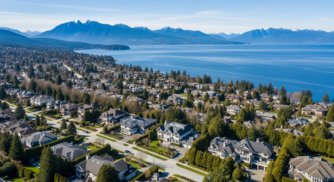Aerial view of premium homes in West Vancouver with mountains and Pacific Ocean visible