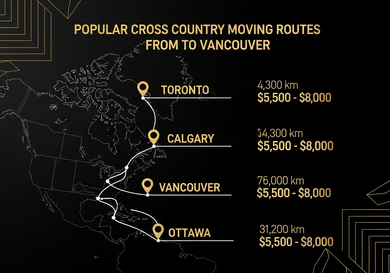 Infographic showing distances and average costs for moves from Toronto, Calgary and Ottawa to Vancouver